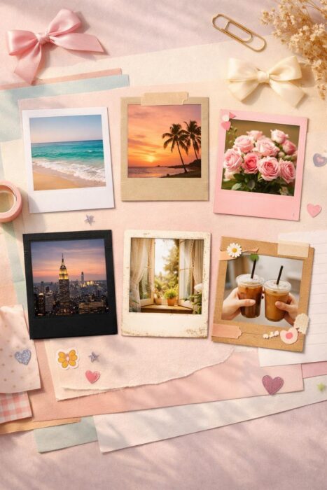 Cute Polaroid frame edit ideas in white, beige, pink, black, vintage, and scrapbook styles on a pastel desk.
