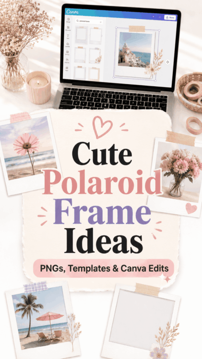 Cute Polaroid frame ideas pin with PNG overlays, Canva templates, pastel photo edits, laptop design workspace, and aesthetic instant photo frames.