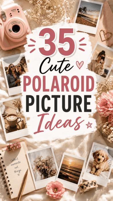 35 cute Polaroid picture ideas with pink instant camera, aesthetic photo flat lay, flowers, coffee, mirror selfie, beach photos, and cozy scrapbook details.