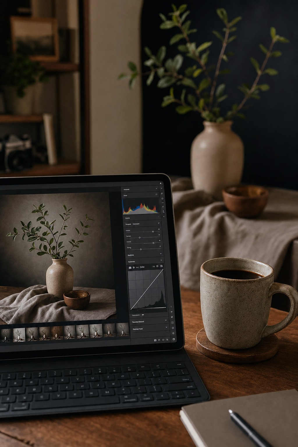 Editing still life photos on a tablet with ceramic mug and blurred still life setup in background