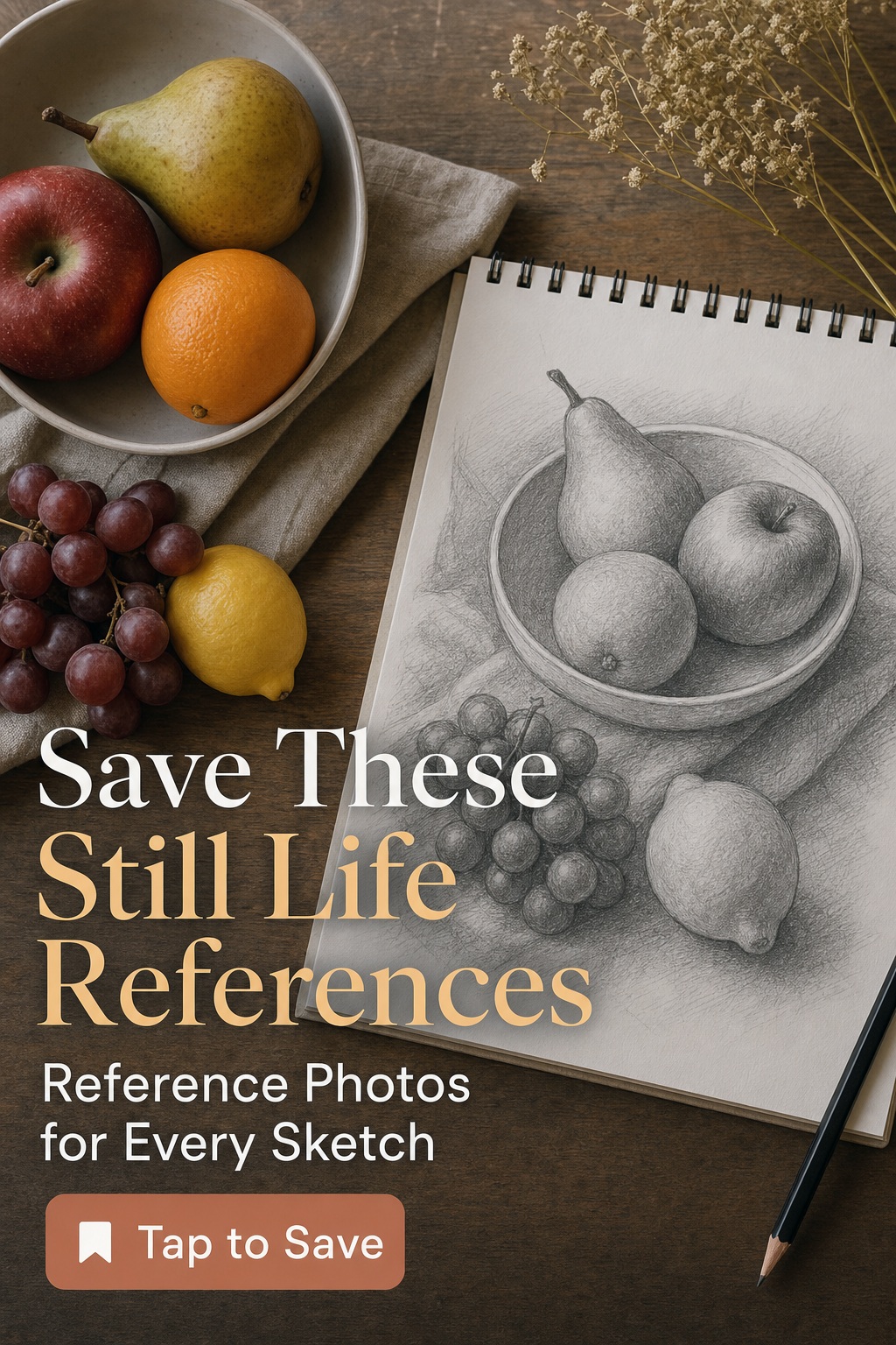 Pencil sketch beside the still life fruit arrangement that inspired it, save still life reference photos