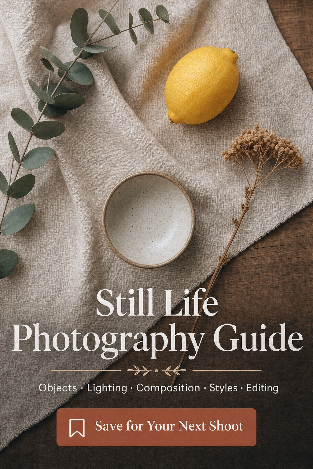 Flat lay of still life photography objects on linen and warm wood surface, overhead shot