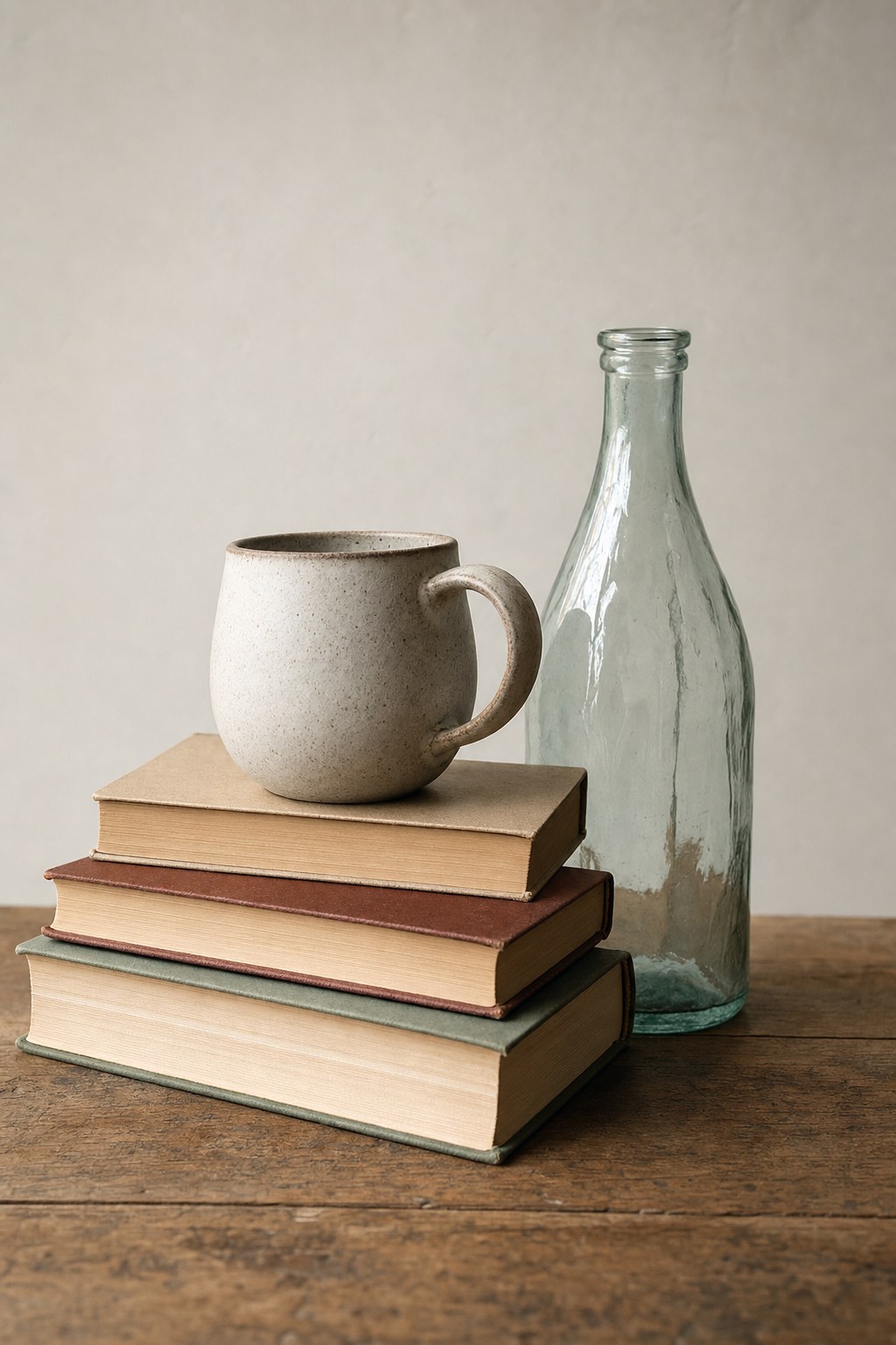 Books, ceramic mug, and glass bottle arranged for an everyday object still life reference
