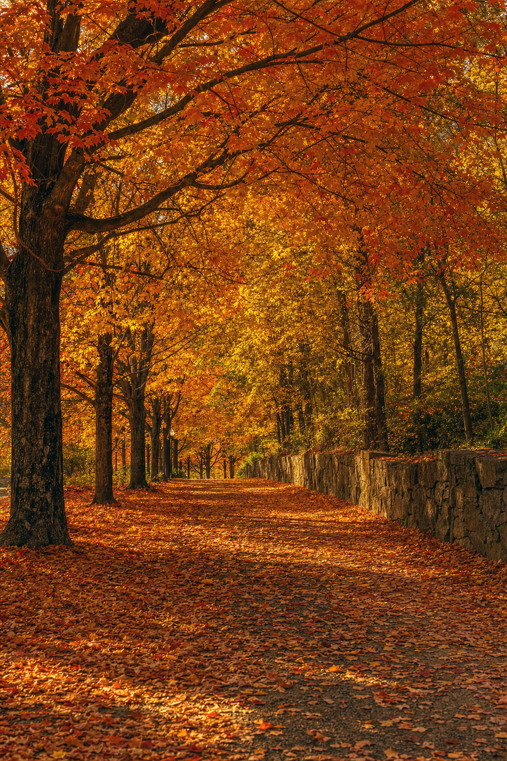 Tree-lined autumn path covered in golden fallen leaves for fall family photos