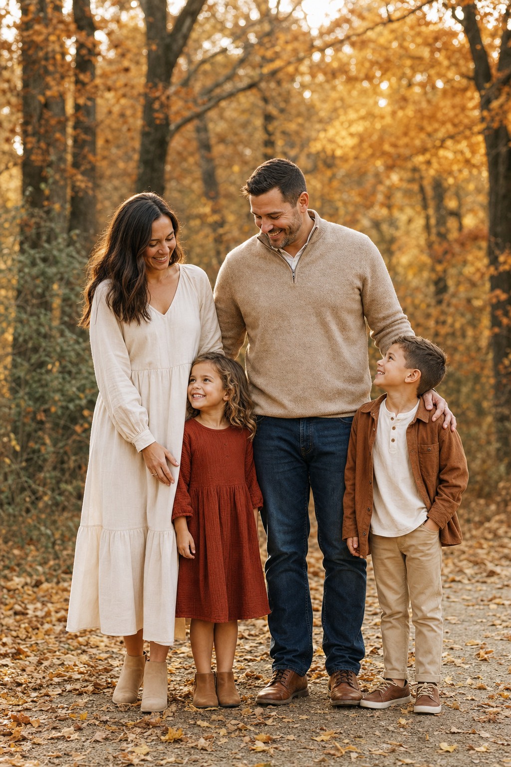 Fall family photo outfit coordination &mdash; earth tones in rust, cream and camel