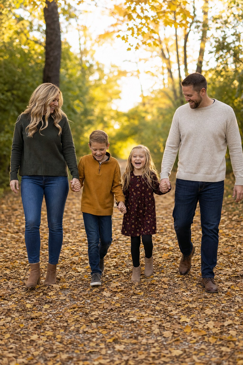 Family of four walking through fallen leaves &mdash; fall family photo pose