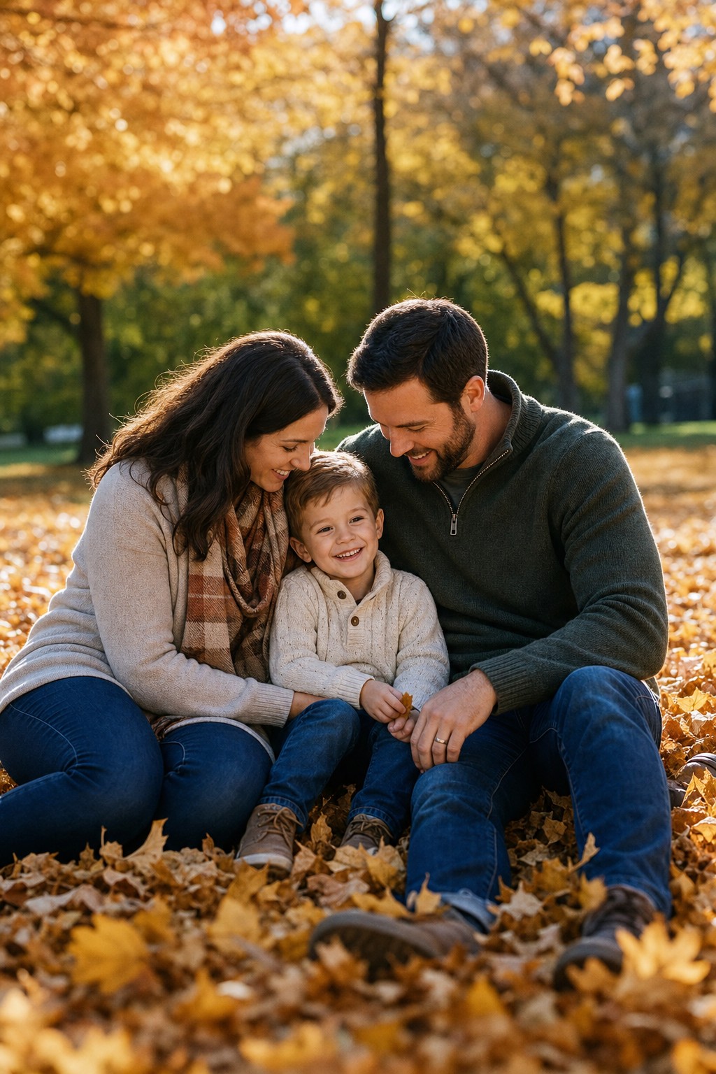 Family of three sitting in autumn leaves &mdash; fall family photo by family size