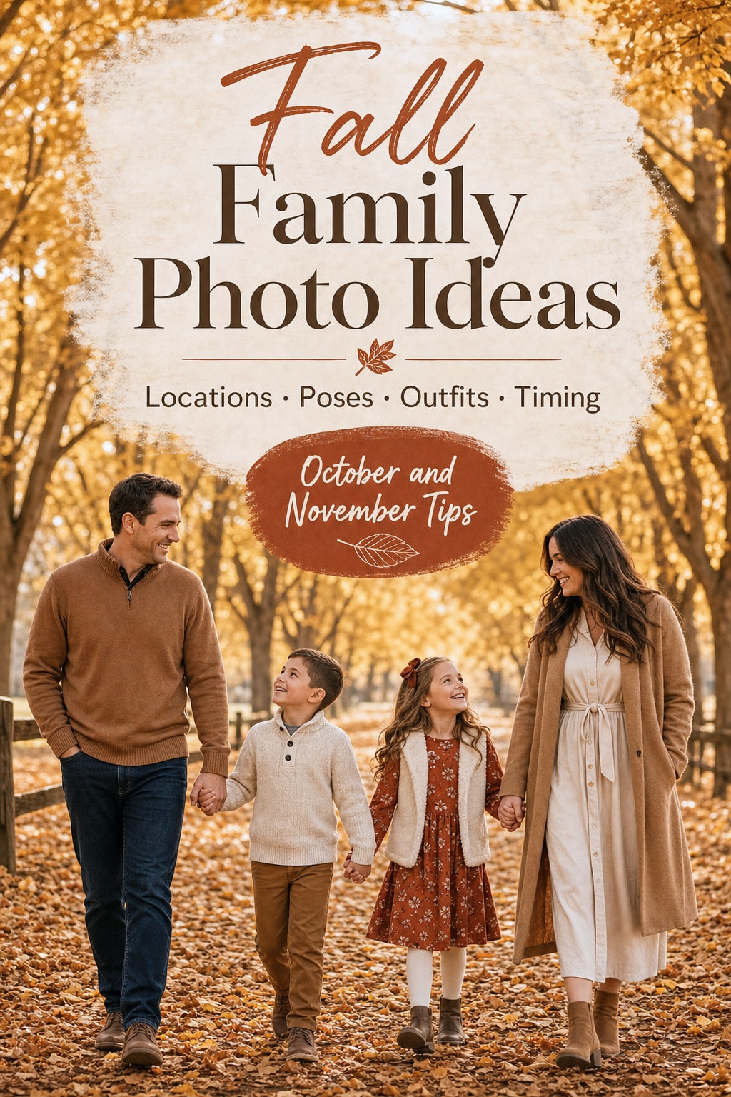 Fall family photo ideas Pinterest pin &mdash; locations, poses, outfits and timing