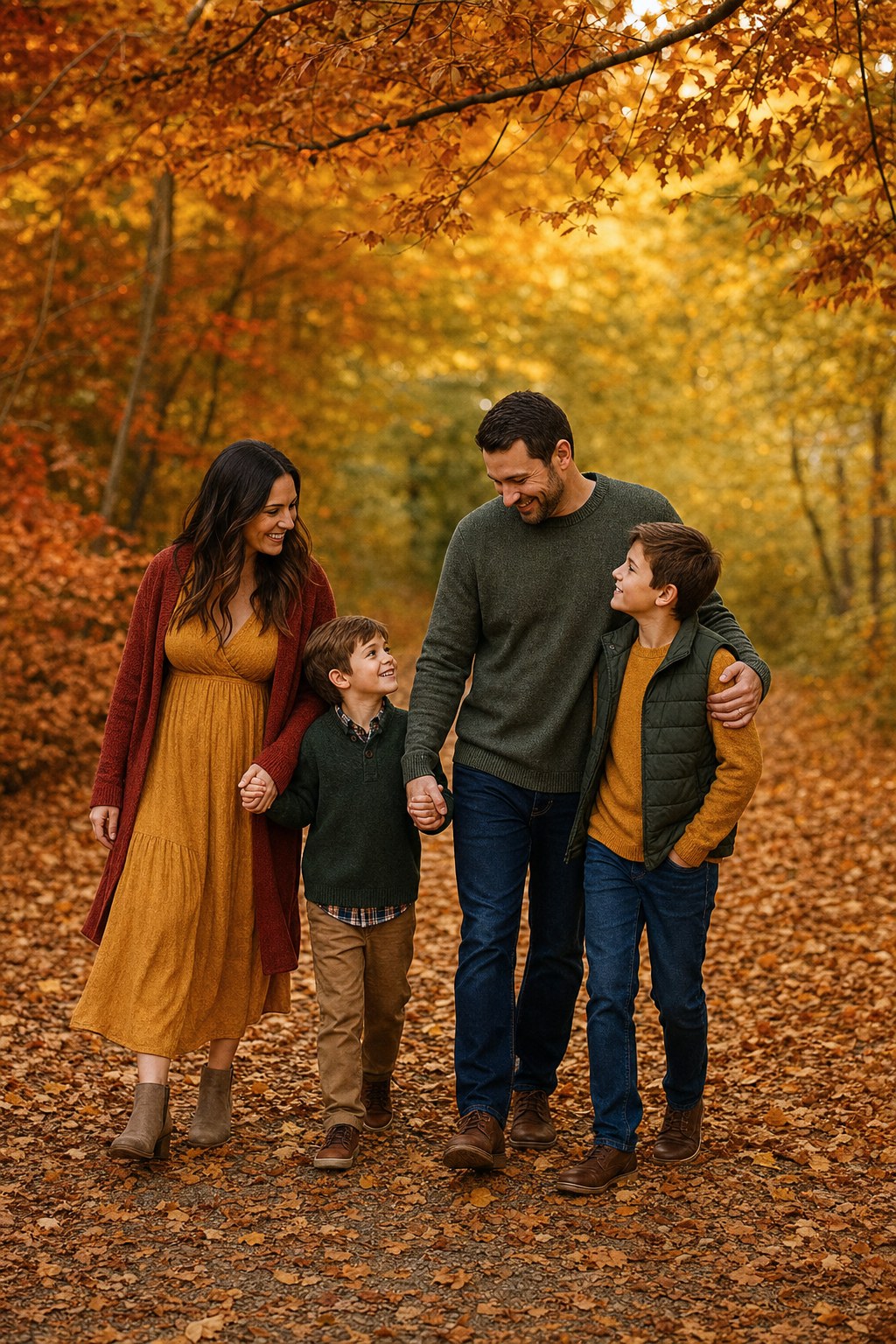 Family in rust and mustard tones among golden fall leaves, fall outdoor family photos idea