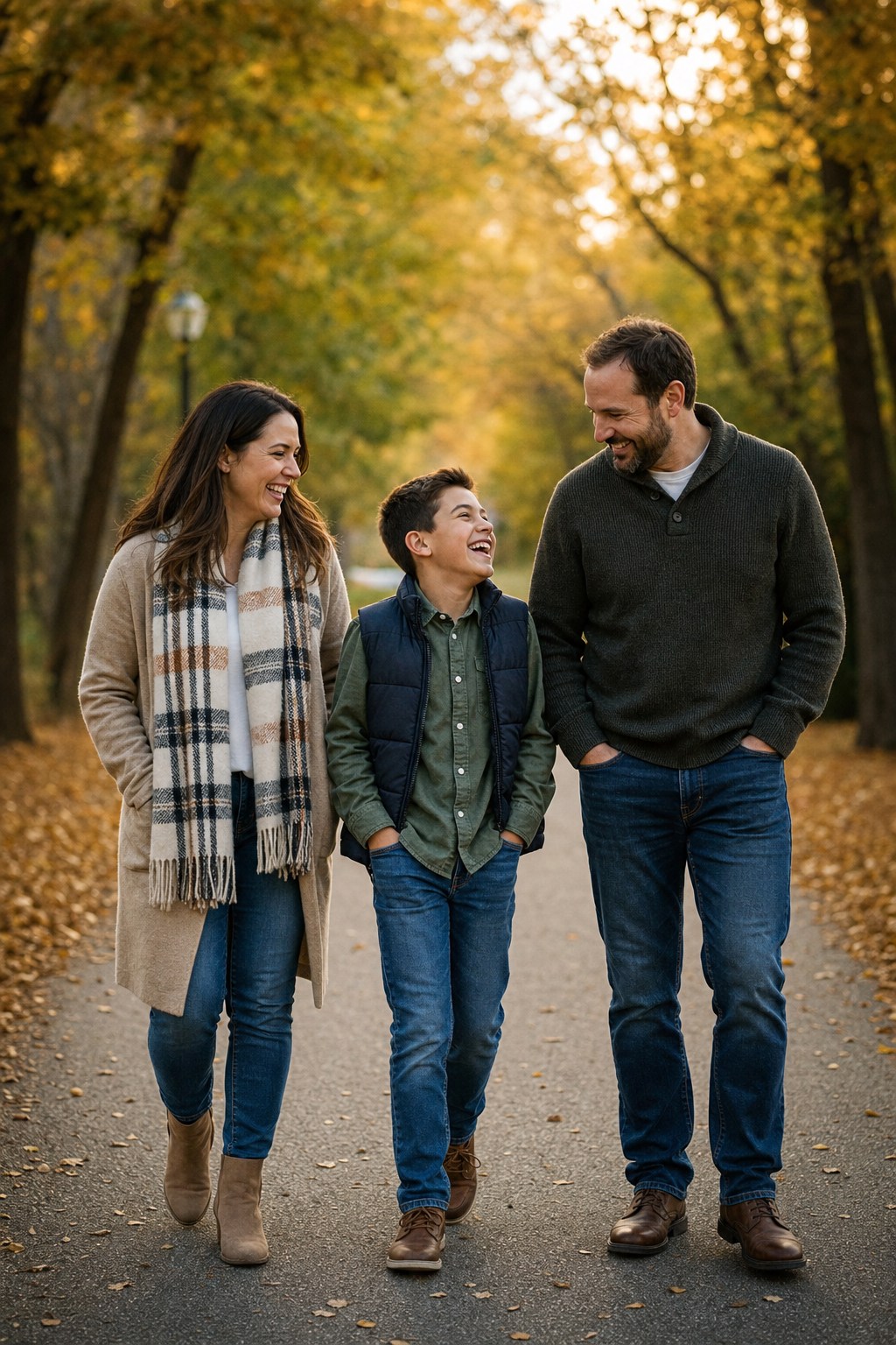 Family of 3 with older child walking and laughing on autumn tree-lined path