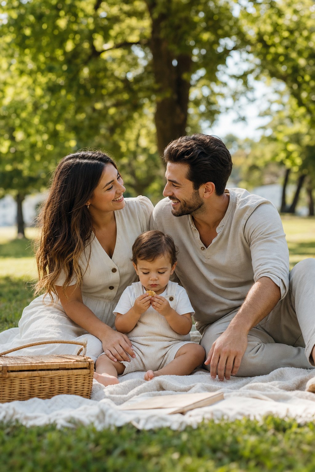 Family of 3 with toddler on a blanket &mdash; candid snack break outdoor photo