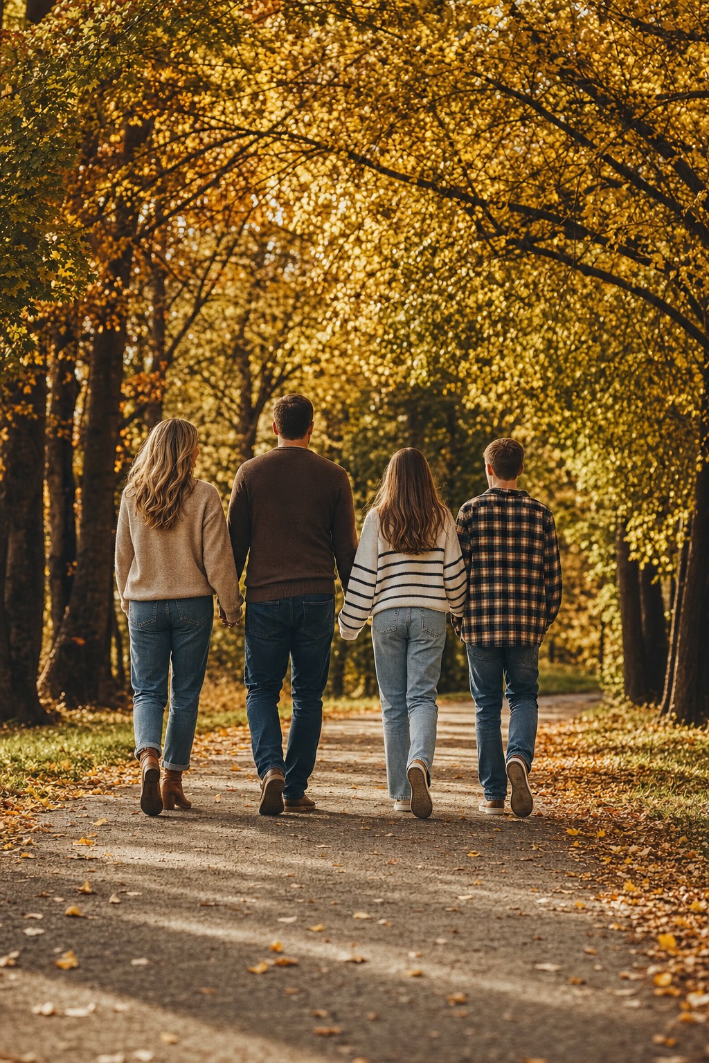 Family of four with older children walking away from camera on a tree-lined path, candid portrait