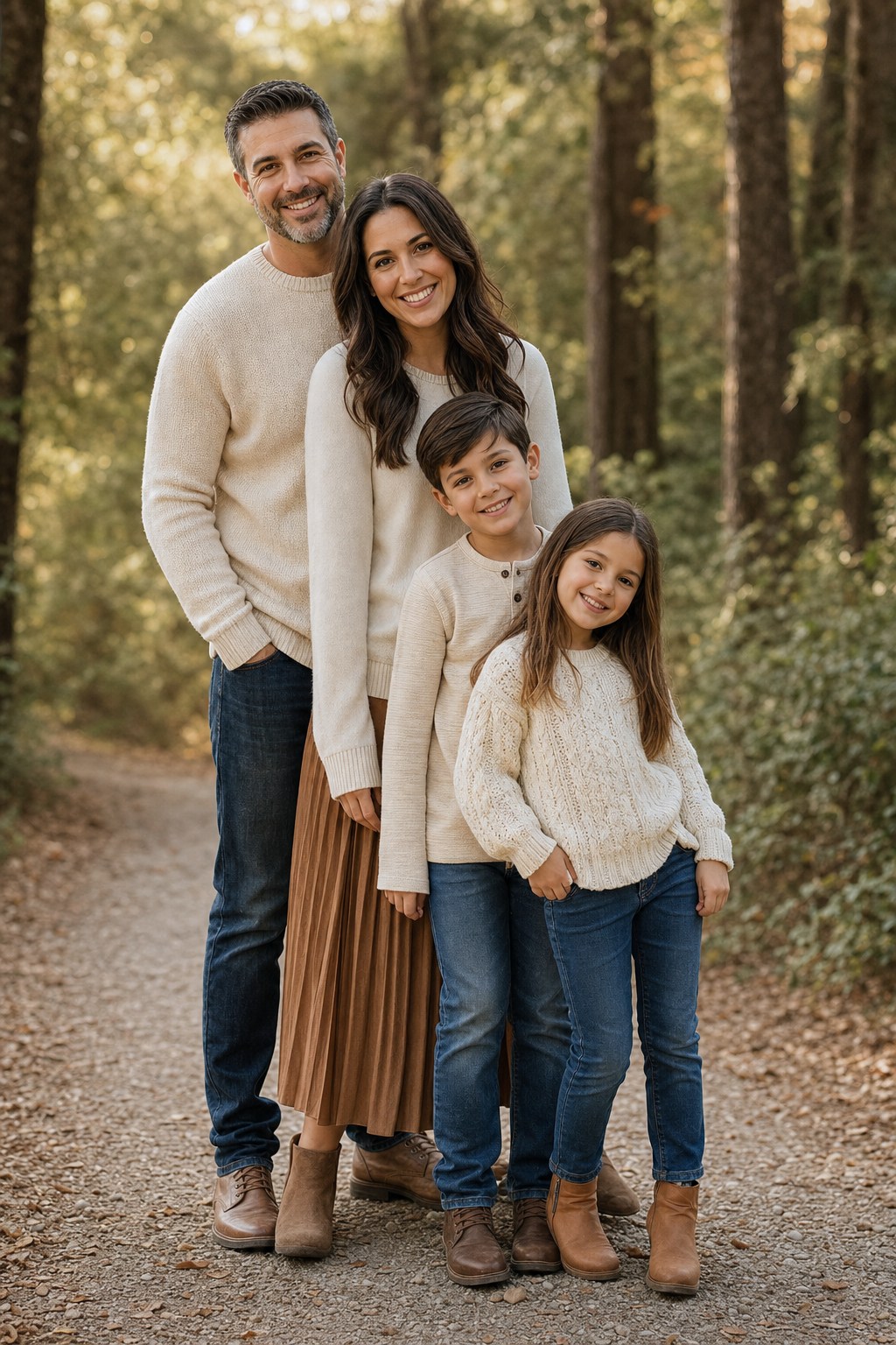 Family of four in staggered diagonal pose on a wooded autumn path, natural afternoon light