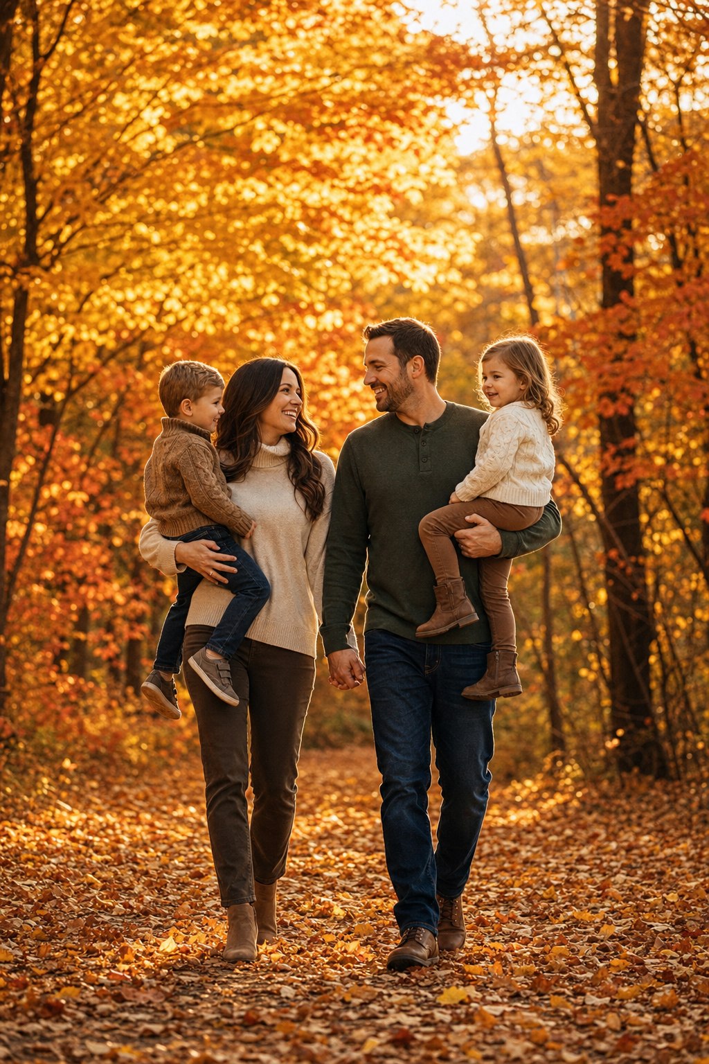 Family of four in fall foliage, each parent carrying one child, warm October golden hour light