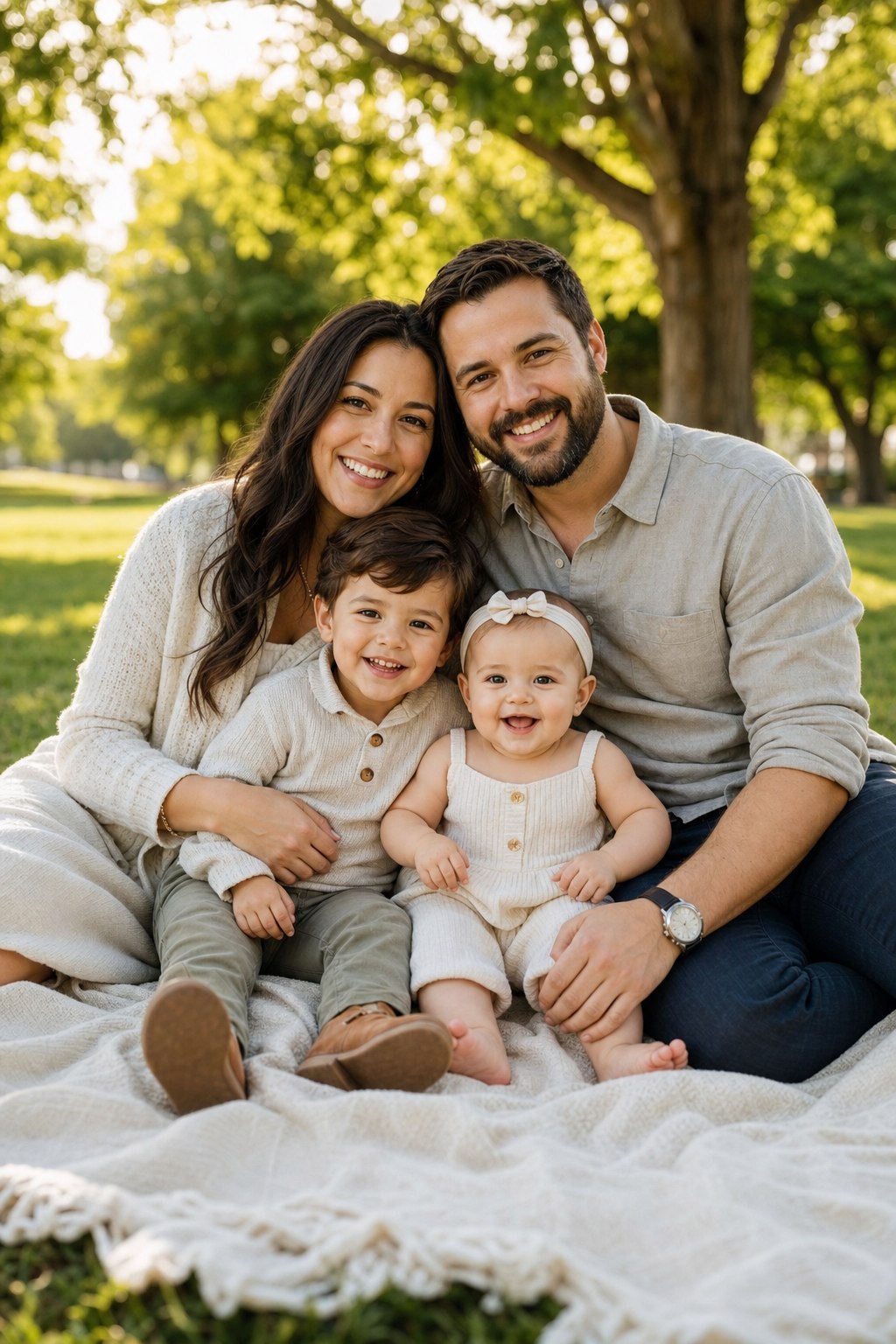 Family of four sitting on a blanket in a park with toddler and baby, relaxed outdoor session