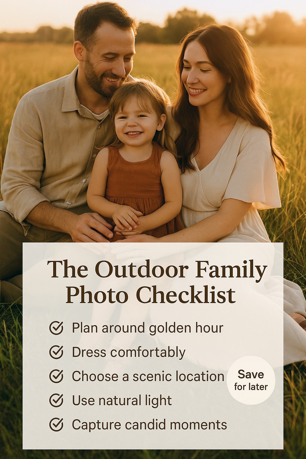 Family at golden hour with a checklist overlay panel, outdoor family photo checklist pin