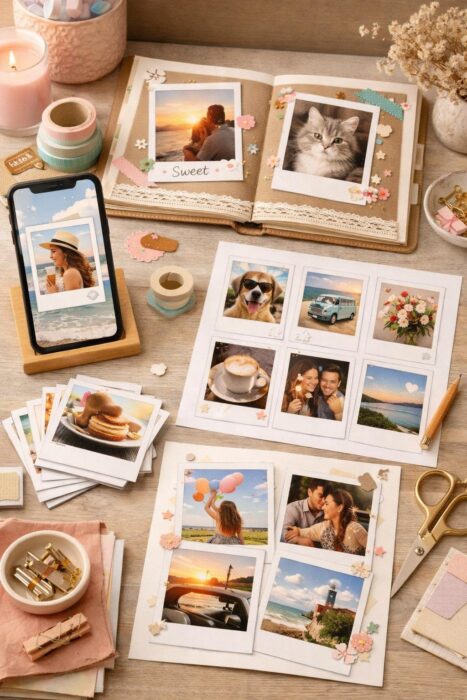 Finished Polaroid-style frame edits including Instagram story, phone wallpaper, scrapbook page, printable sheet, and collage layout.