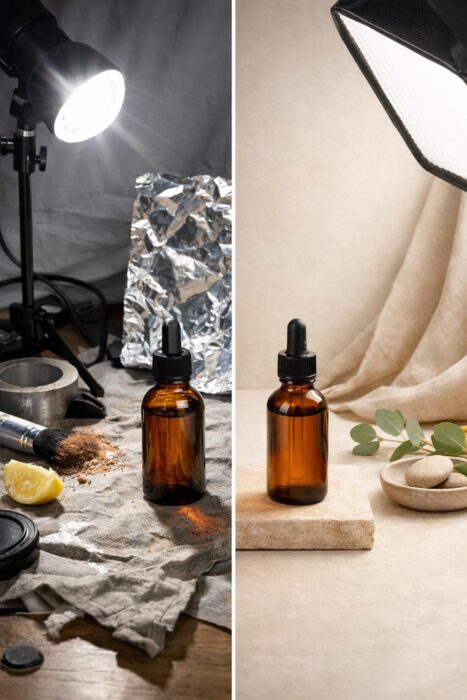 Comparison of common product photography mistakes and better styling choices with cluttered versus clean product photo setups.