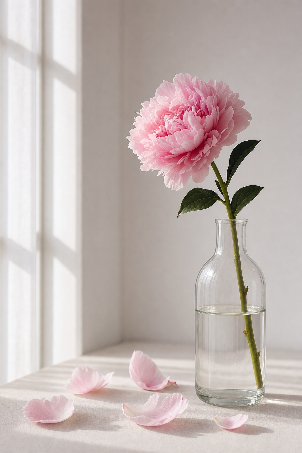 Single flower stem in a glass vase with scattered petals, flower still life reference photo