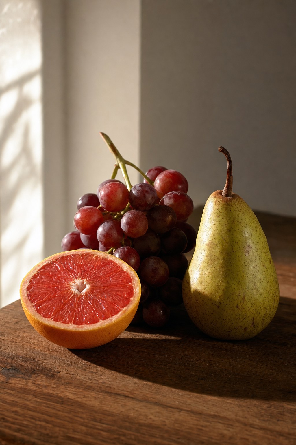 Citrus, grapes, and a pear arranged for a still life fruit reference photo with strong side light