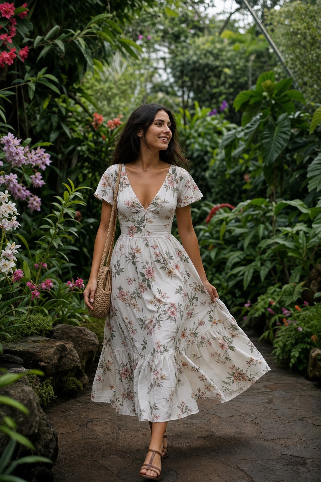 Woman in white floral dress walking through botanical garden for a birthday photoshoot