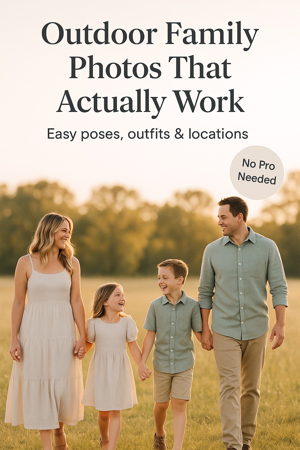 Family of four walking through a sunlit field at golden hour, outdoor family photos guide pin