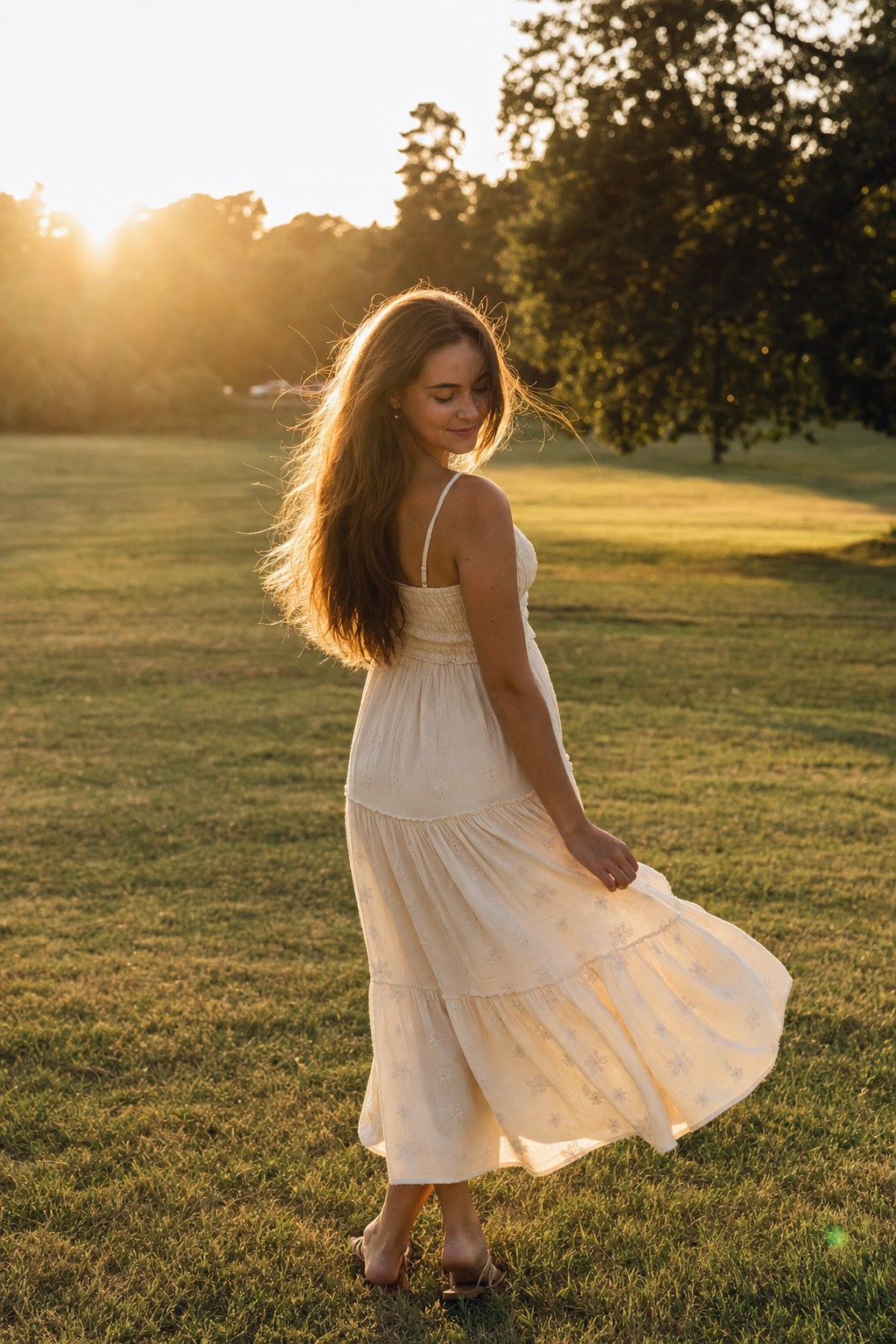 Young woman in cream dress photographed outdoors during golden hour with warm backlit glow