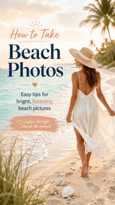 Pinterest pin showing how to take beach photos, with a woman in a white dress walking on a sunny tropical beach at golden hour.
