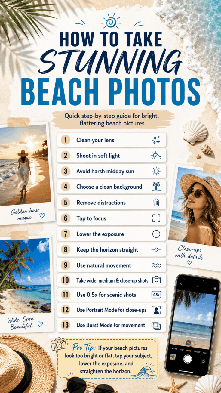 Pinterest-style infographic showing how to take stunning beach photos, with step-by-step tips for soft light, clean backgrounds, iPhone settings, posing, exposure, and composition.