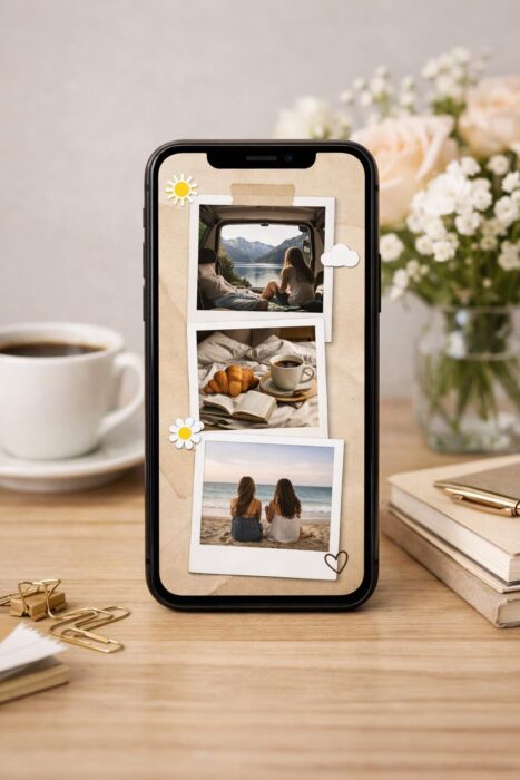 Instagram story Polaroid template displayed on a phone with vertical photo frames, stickers, and soft background.