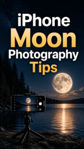 Image of an iPhone in a tripod stand taking a photo of a beautiful full moon. Text overlay says "iPhone moon photography tips."