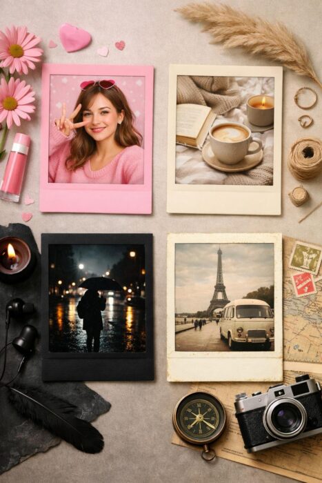 Polaroid-style frames matched to photo mood with pink cute, beige soft, black moody, and vintage travel edits.