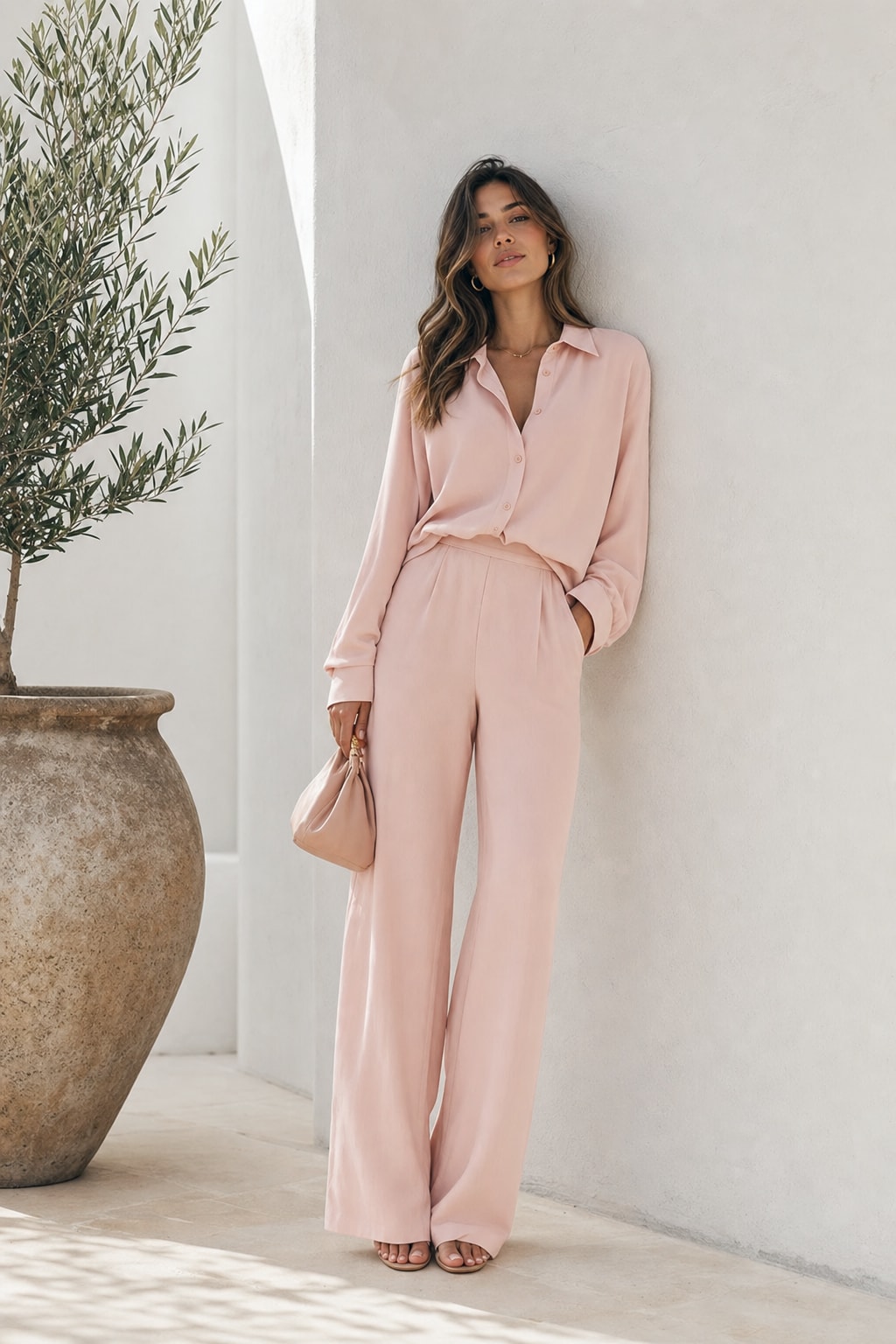 Woman in monochrome blush pink outfit against a white wall for an aesthetic birthday photoshoot