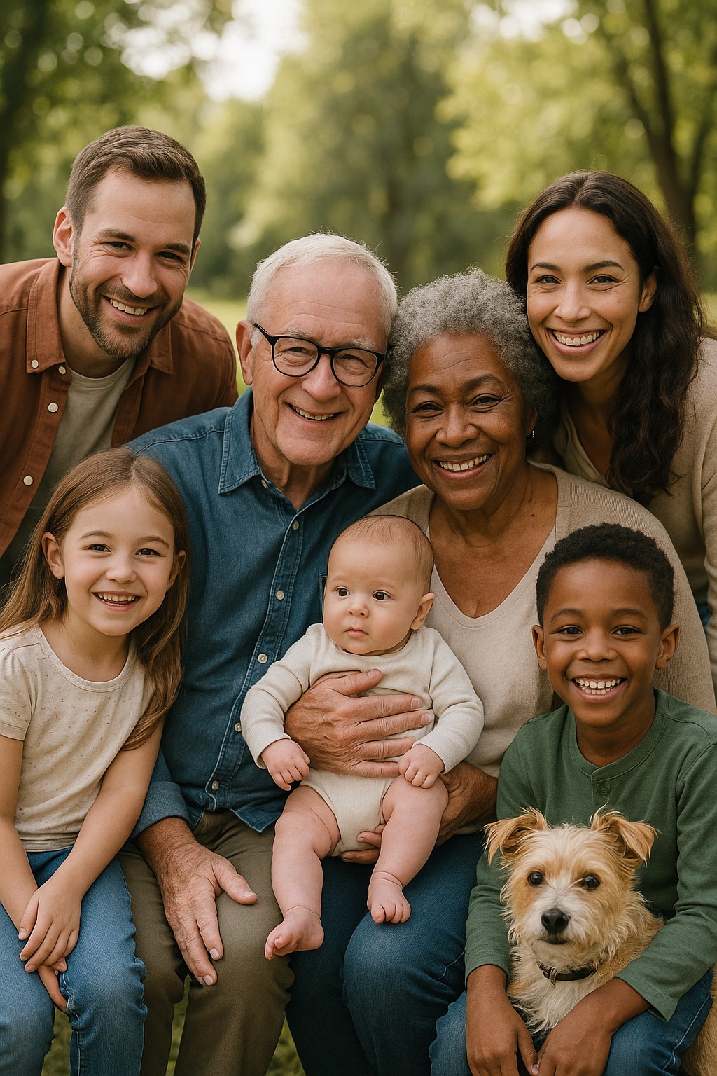 Multigenerational family with grandparents, baby and dog gathered outdoors, family photo with grandparents