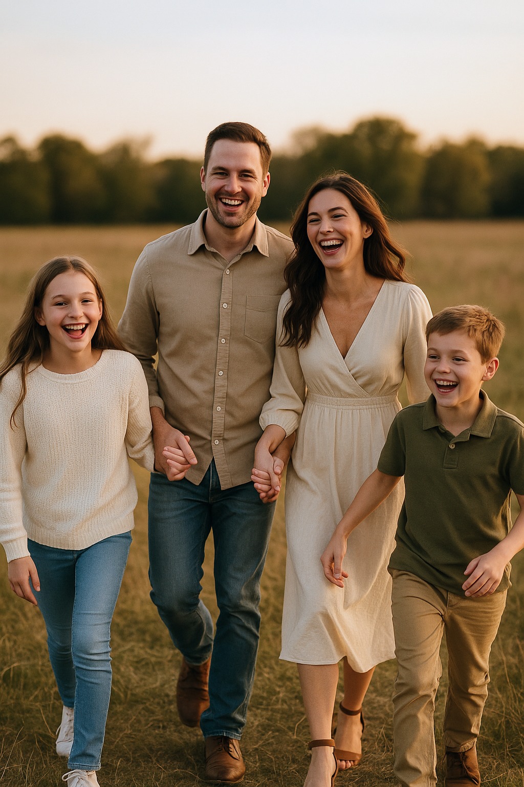 Parents and two kids walking and laughing together in a field, natural outdoor family photo pose