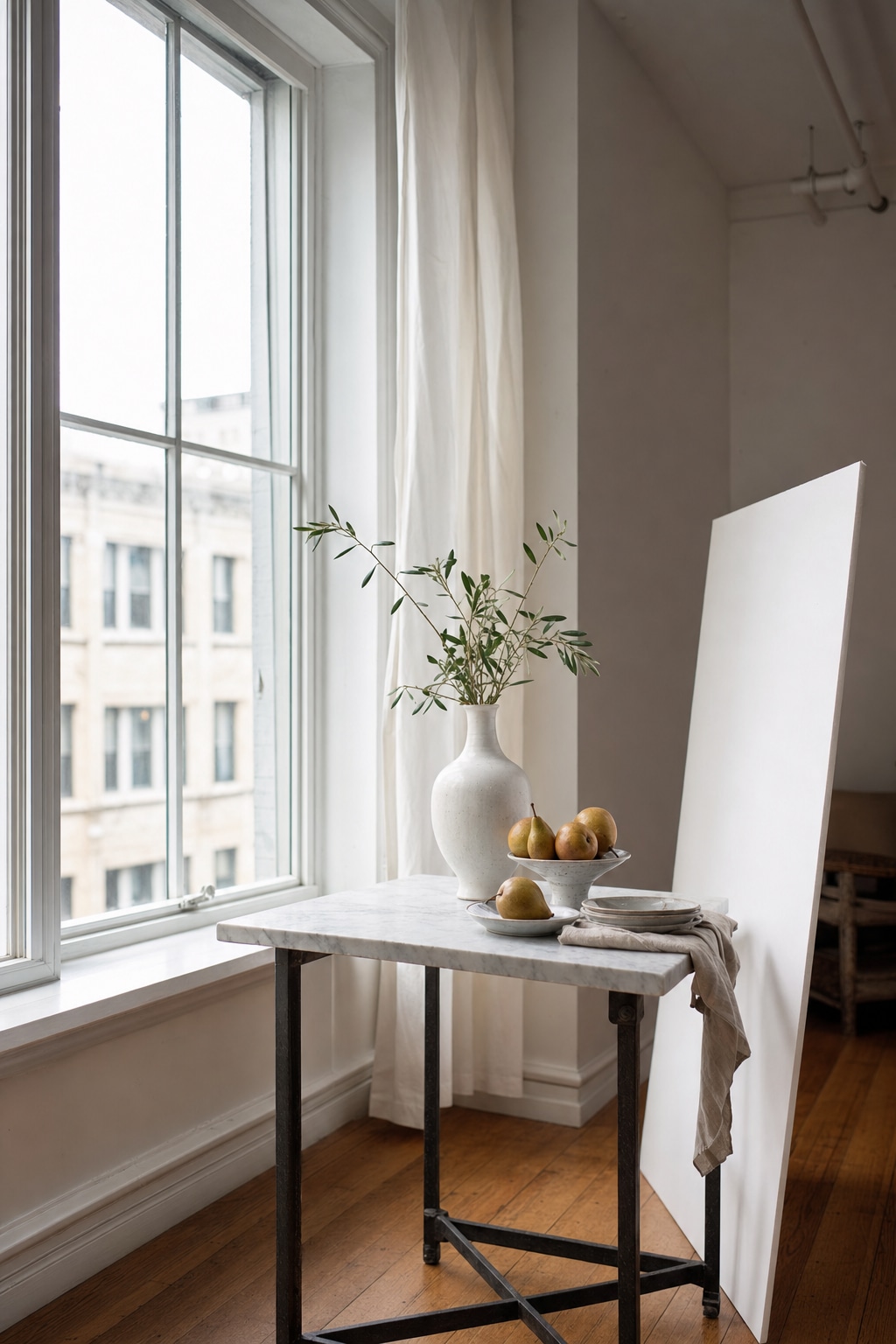 Natural window light still life setup showing table position beside window with fill card