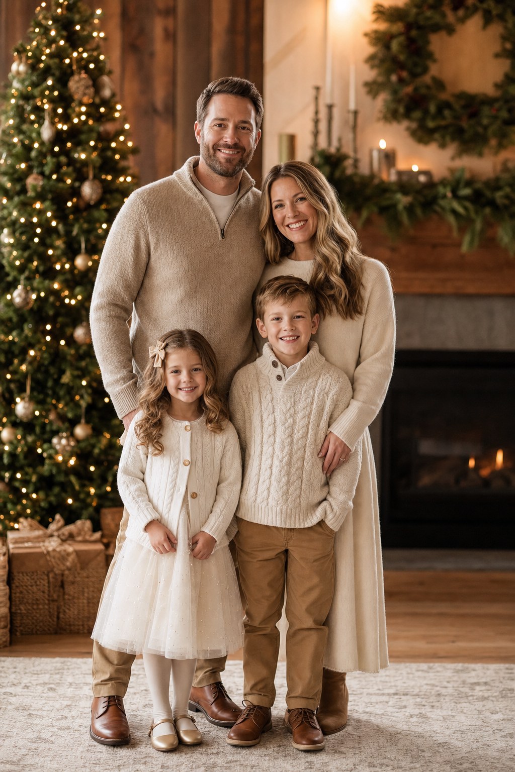 Family in neutral holiday photo outfits &mdash; cream and ivory with gold accents indoors