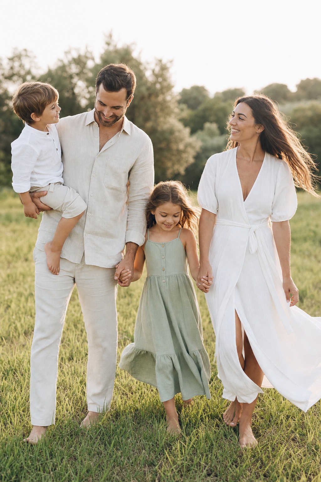 Family in neutral summer photo outfits &mdash; white linen and sandy beige in golden hour
