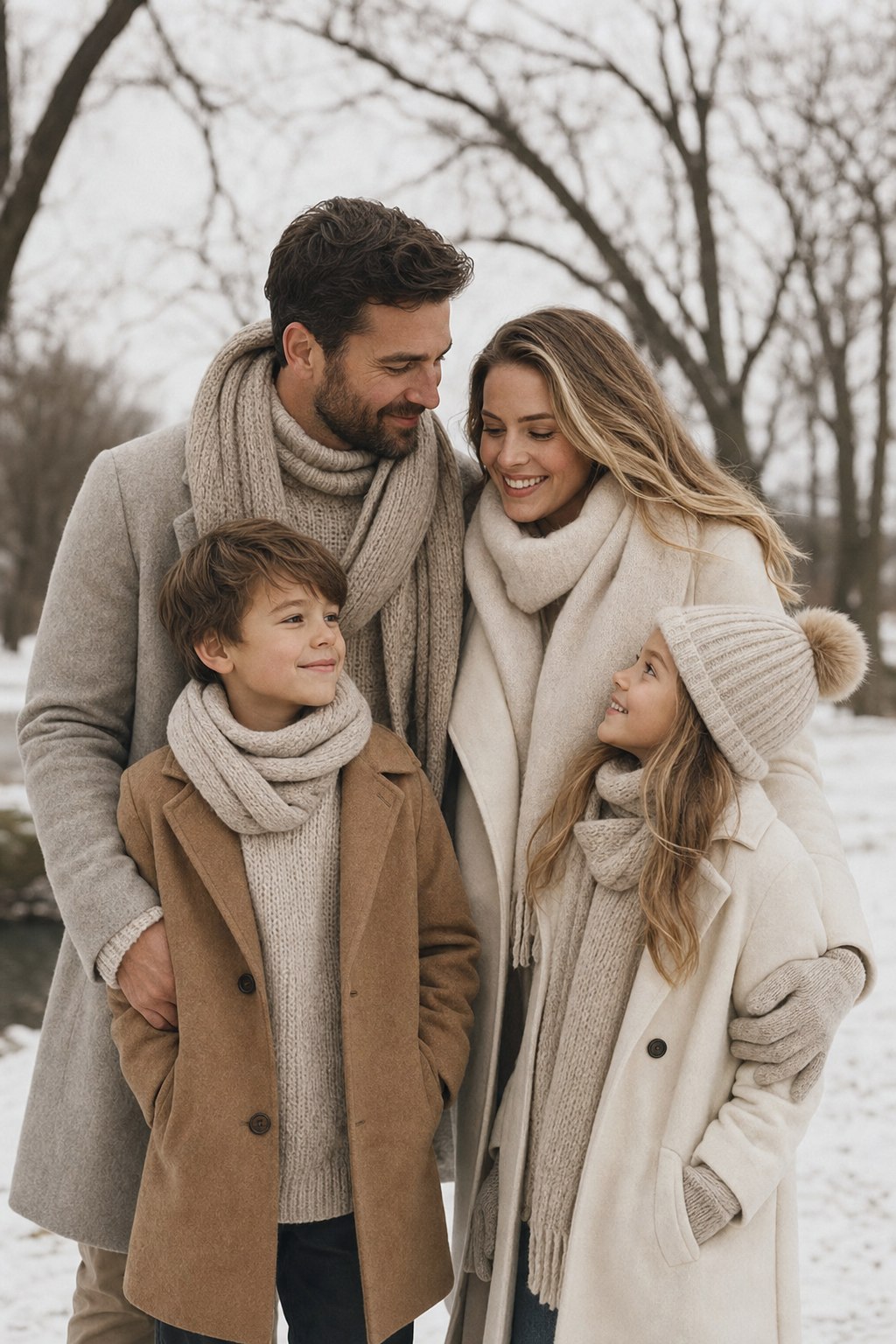 Family in neutral winter photo outfits &mdash; oatmeal knits and camel coats in winter light