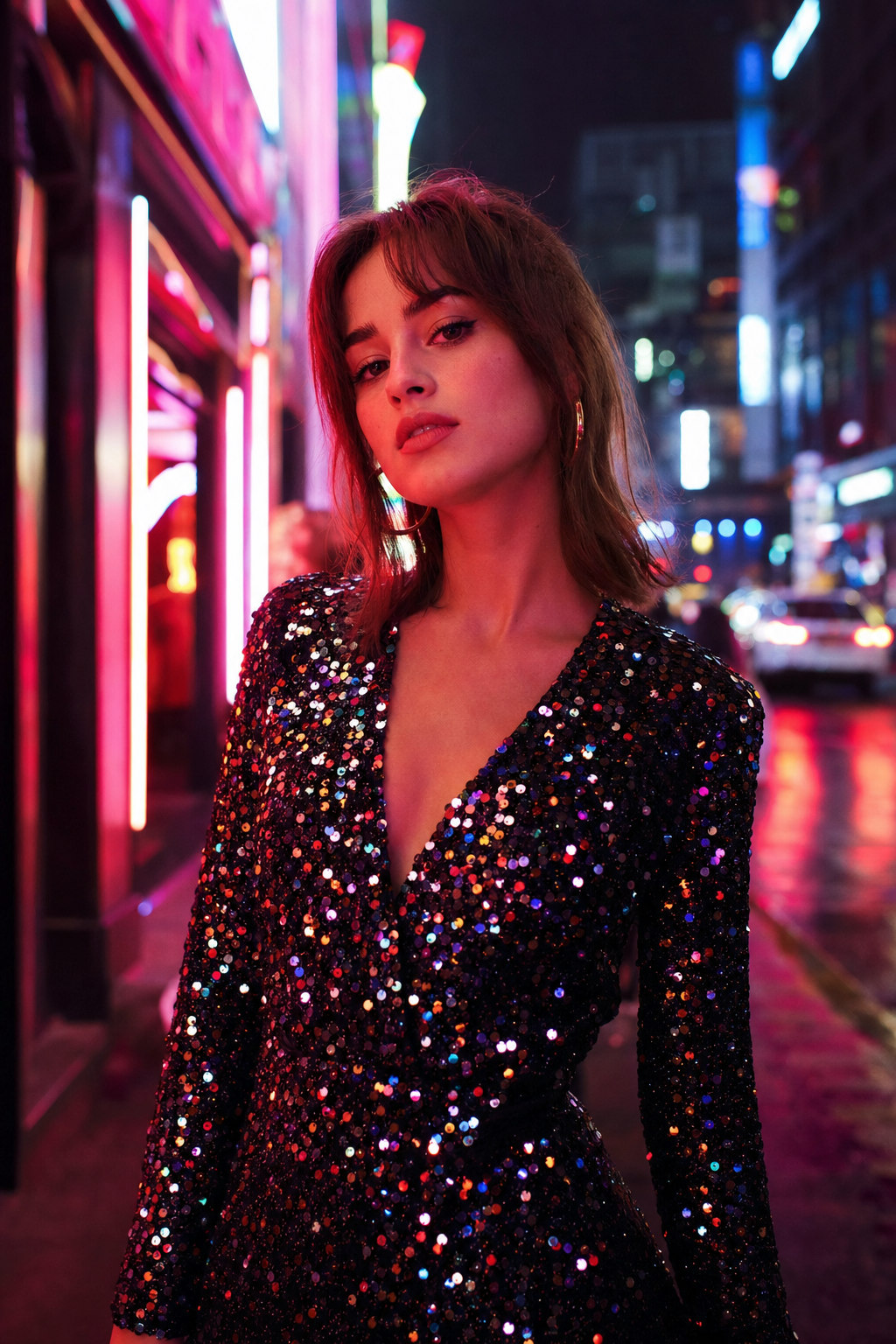Woman in sequin dress on a city street at night with neon lights for a birthday photoshoot