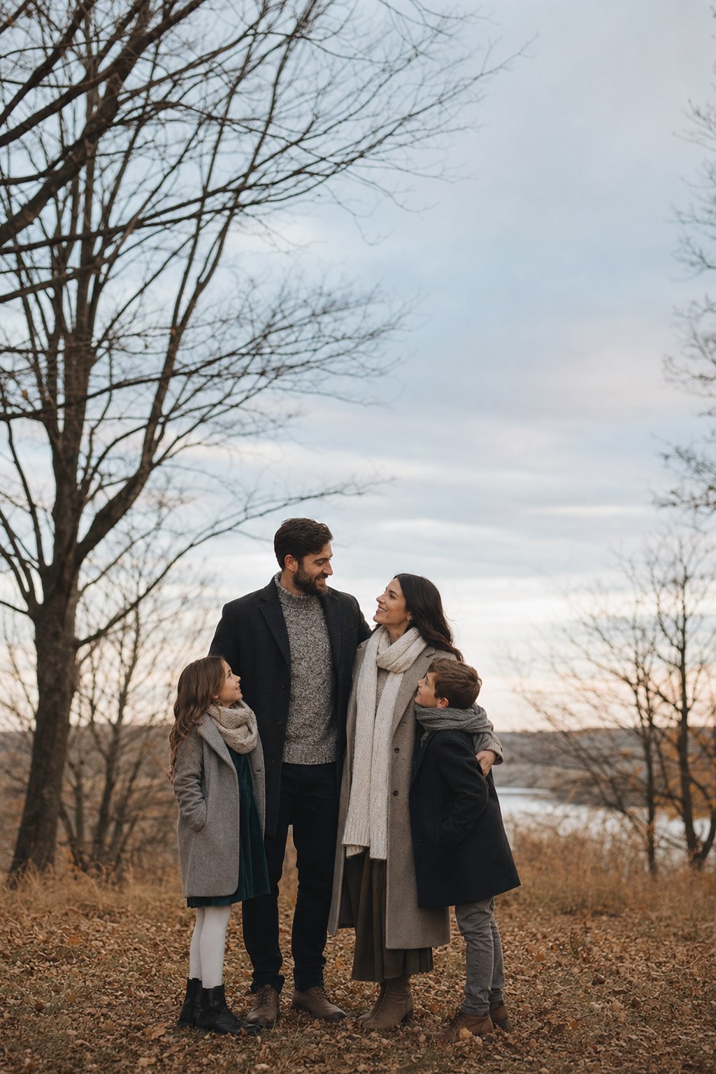 Family in bare autumn trees &mdash; moody November family photo with layered outfits