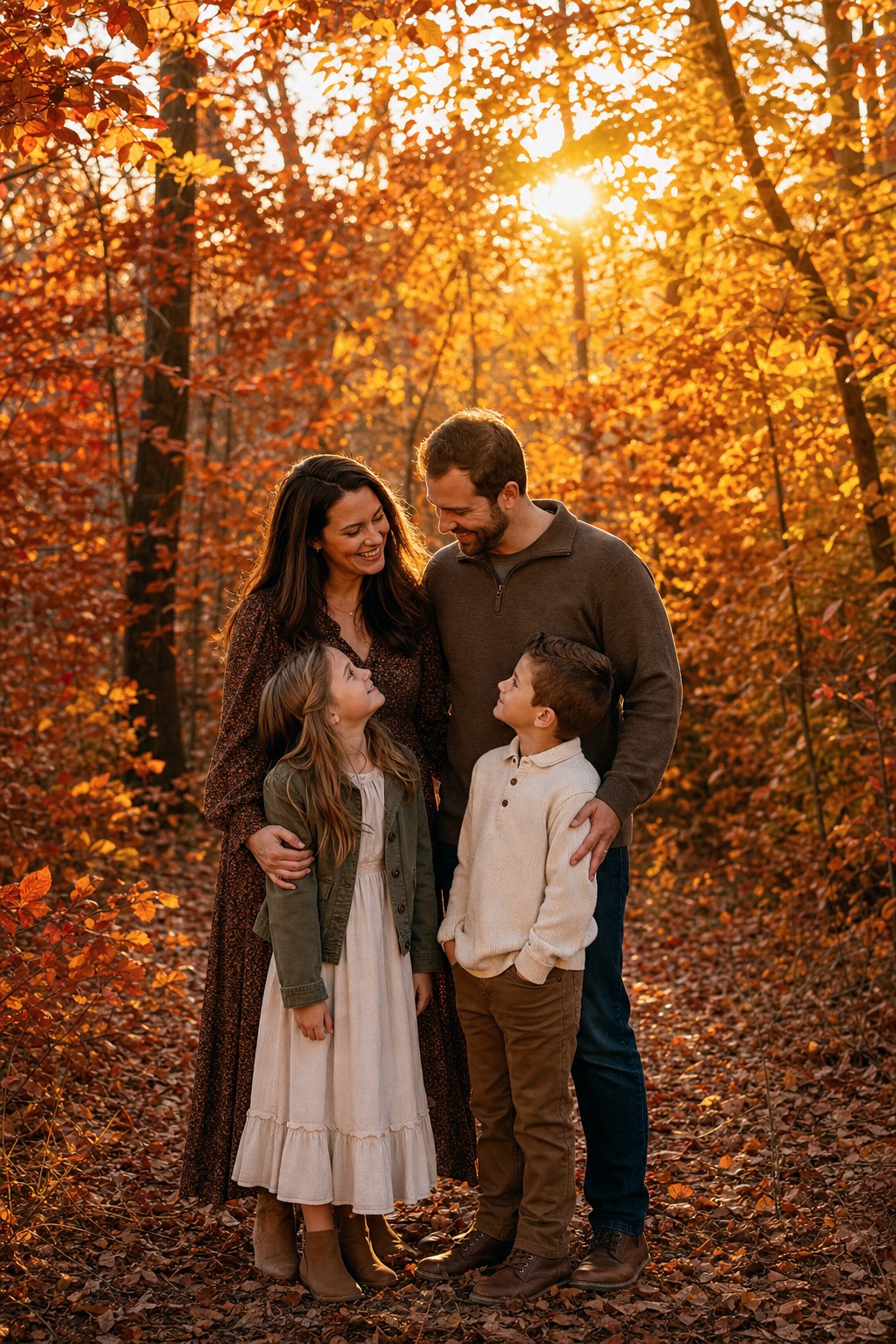 Family of four in peak October fall foliage &mdash; warm backlit golden hour portrait