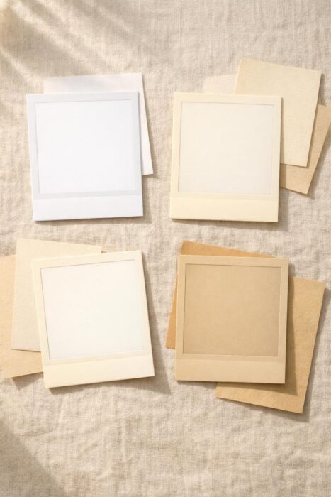 Off-white, ivory, cream, and beige Polaroid-style frames with paper swatches and soft natural light.