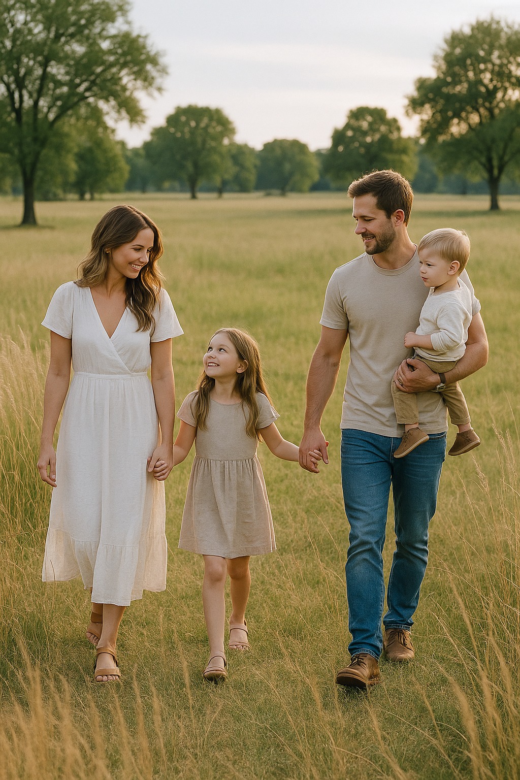 Family of four in a grassy park with tall grass and trees at sunset, outdoor family photo location