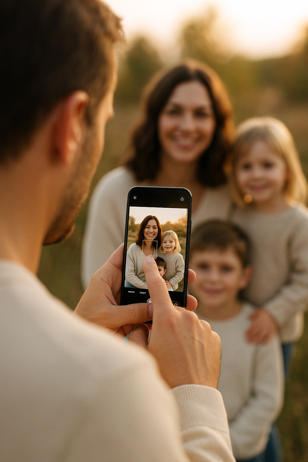 Parent framing their family on a phone screen in soft backlight, sharp outdoor family photo tips