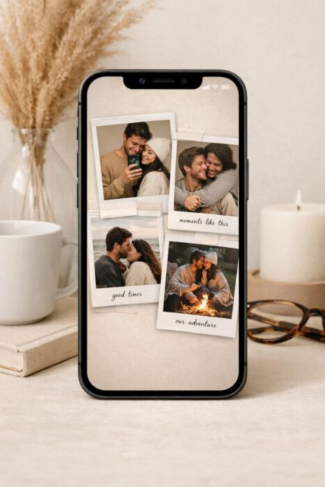 Phone wallpaper Polaroid template with an aesthetic instant-photo collage, soft background, and personal photos.