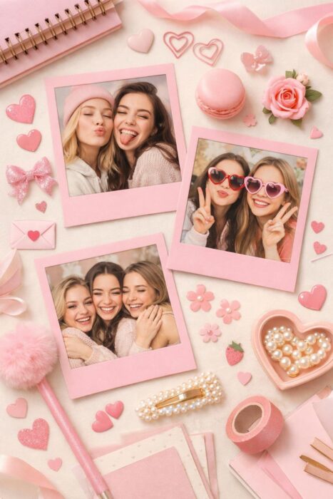 Pink Polaroid-style frame edits with hearts, bows, stickers, and cute friendship photo styling.