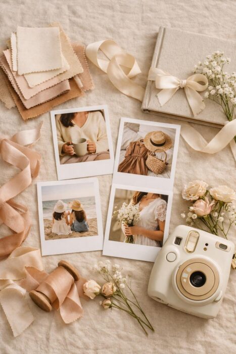Polaroid colour palette idea with pastel instant photos, neutral fabric, flowers, ribbons, album, and warm vintage tones.