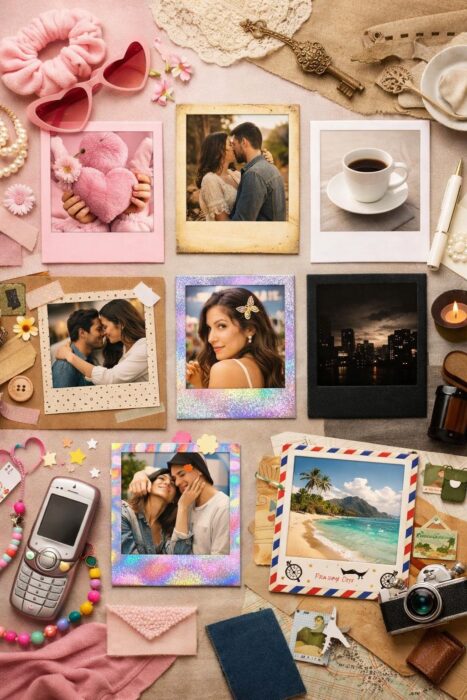 Polaroid frame aesthetic styles mood board with soft girl, vintage, minimalist, dark, scrapbook, Y2K, and travel diary edits.