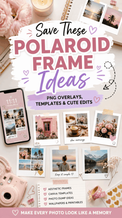 Save these Polaroid frame ideas pin with PNG overlays, Canva templates, cute photo edits, wallpapers, scrapbook frames, and instant photo layouts.